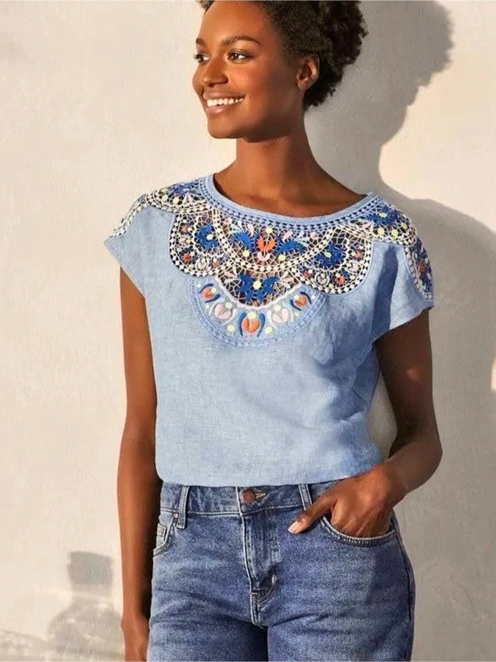Boden Fleur Embroidered Linen Top Blue & Multicolor US 8